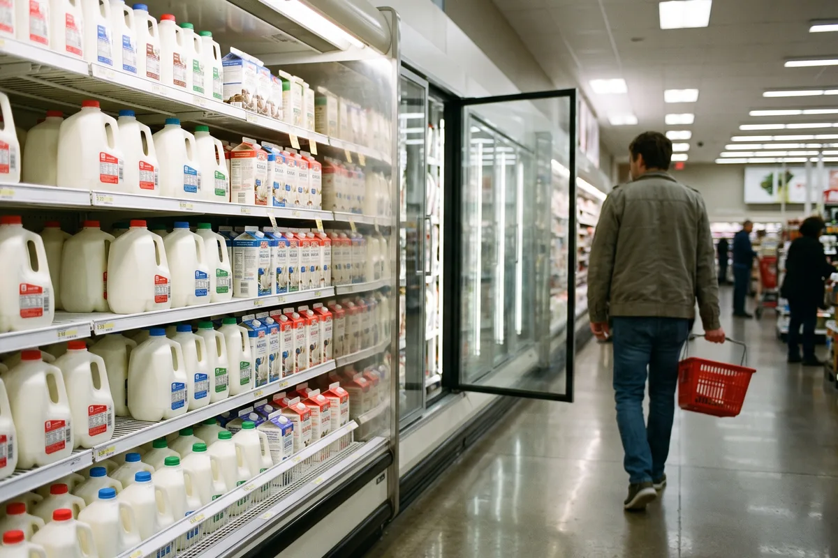 Покупательница выбирает продукты у молочных полок американского супермаркета с галлонами молока