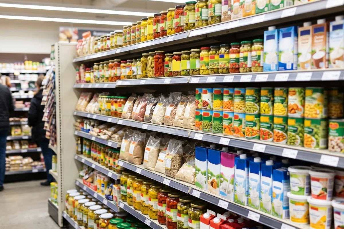 Полка международных продуктов в американском магазине с крупами, консервами и банками маринадов