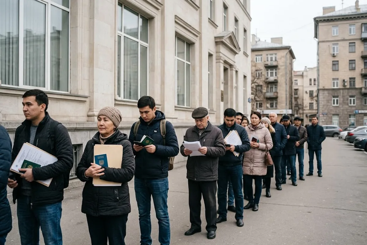 Очередь заявителей с паспортами и папками документов у входа в консульское здание