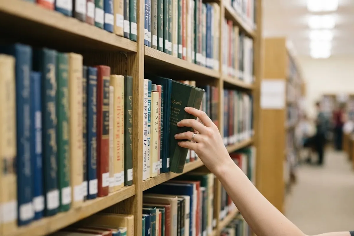 Стеллаж в городской библиотеке с книгами на разных языках
