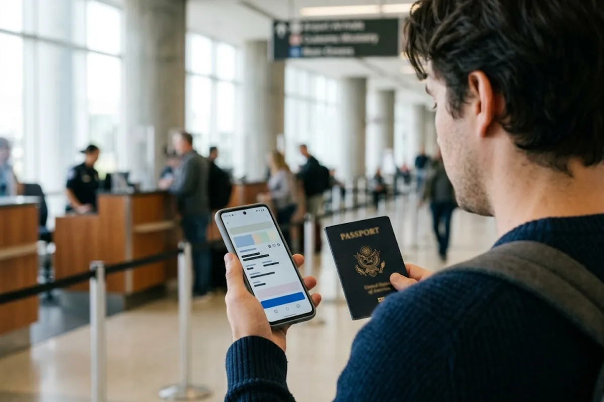 Путешественник проверяет свою электронную запись I-94 на экране смартфона в зале прилёта аэропорта