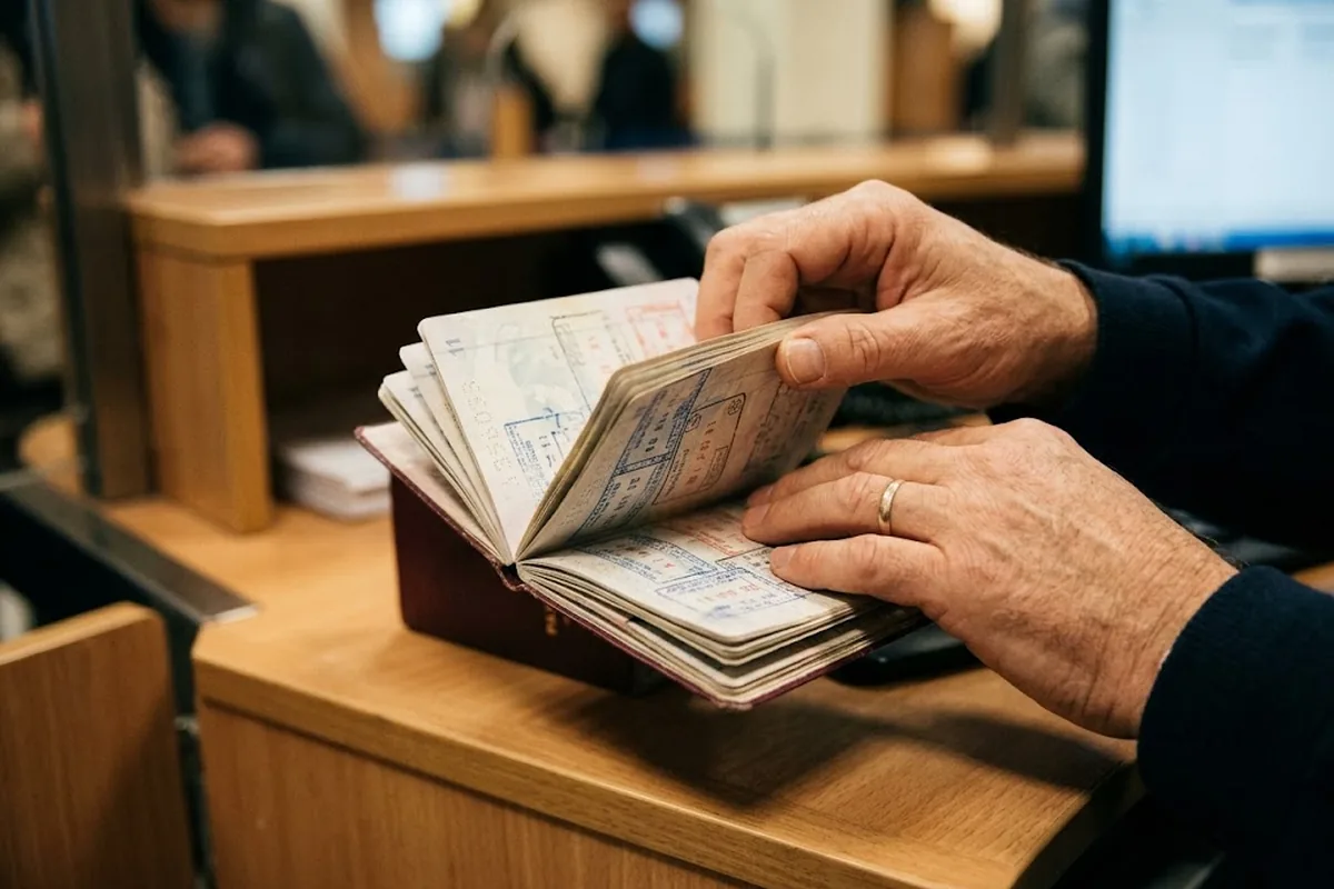Сотрудник пограничной службы внимательно изучает страницы паспорта с визовыми штампами за стойкой контроля