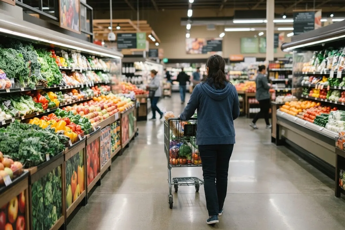 Покупатель выбирает продукты в большом американском супермаркете с тележкой
