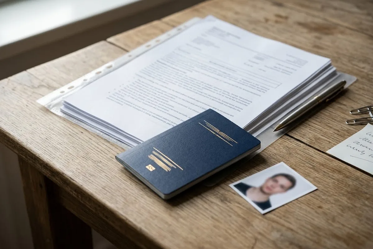 Прозрачная папка с документами, паспорт и фотография на деревянном столе перед собеседованием