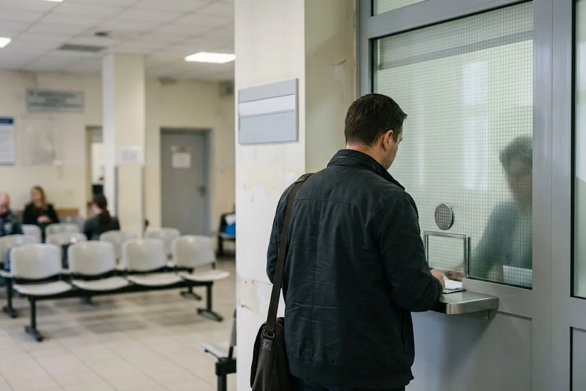 Заявитель спокойно отвечает на вопросы у окна консульского отдела, вид со спины
