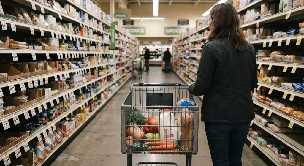 Американский супермаркет: тележка с продуктами у полок с ценниками