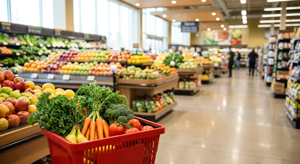 Американский продуктовый супермаркет с корзиной свежих овощей и фруктов в светлом зале