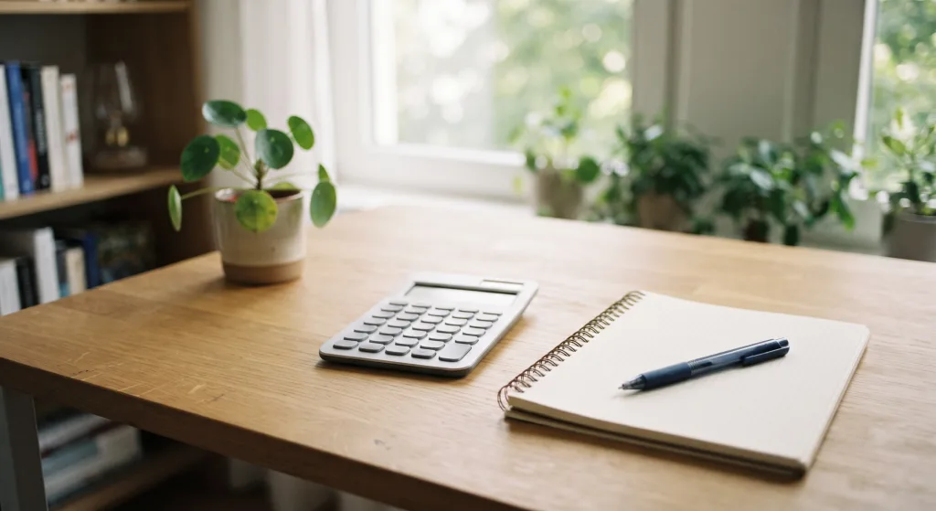 Калькулятор и блокнот на домашнем рабочем столе как символ расчёта self-employment tax в США