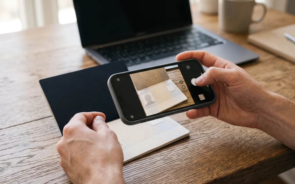 Заявитель фотографирует страницу загранпаспорта на смартфон для регистрации в лотерее грин-карт