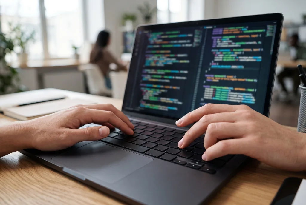 Разработчик пишет код на ноутбуке для O-1A петиции без работодателя