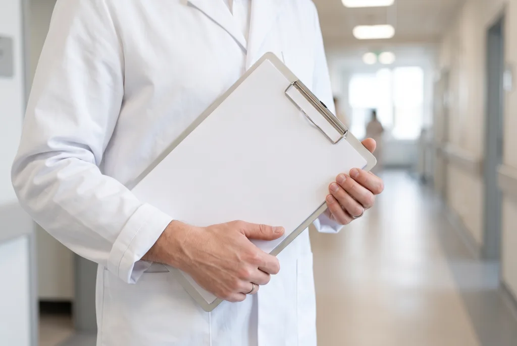 врач в белом халате с папкой в коридоре клиники, кейс EB-1A врача без USMLE