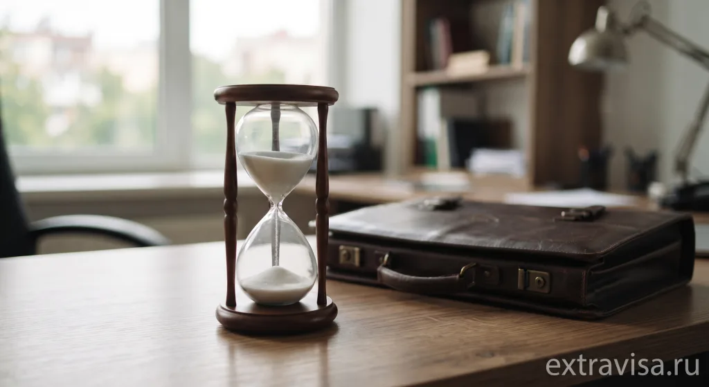 Песочные часы рядом с портфелем в офисе как символ grace period после увольнения на H-1B