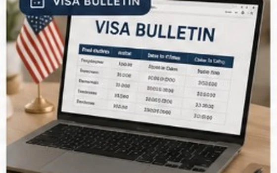 Visa Bulletin на экране ноутбука с флагом США